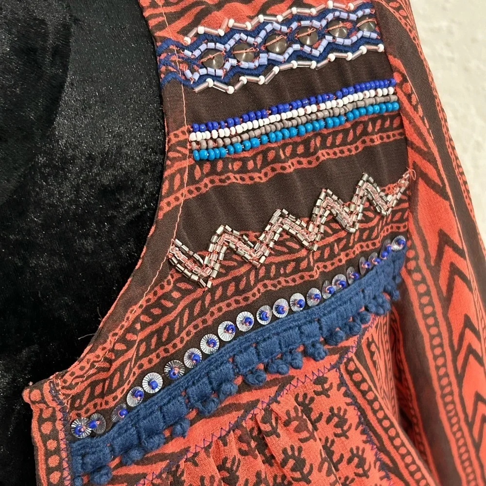 Free People Beaded Printed Boho Blouse | Size Small